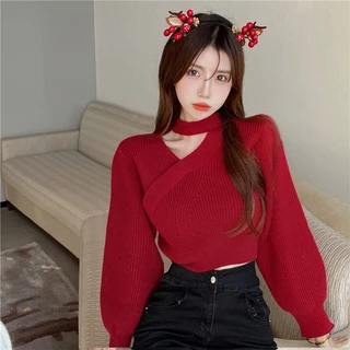 Áo Cổ Vuông Đỏ Áo Sweater Lưng Cao Thời Trang Thu Đông Cho Nữ