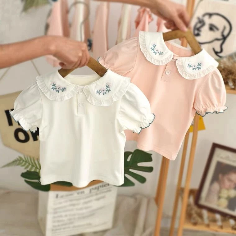 Áo Thun Cotton Tay Ngắn Cổ Búp Bê Màu Trắng Thời Trang Mùa Hè 2024 Phong Cách Hàn Quốc Cho Bé Gái