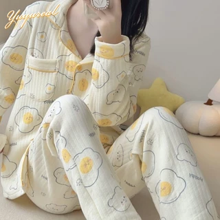 Yuyureal Bộ Đồ Ngủ Tay Dài Chất Liệu cotton Dày Dặn Họa Tiết Chấm Bi Nhiều Màu Sắc Phong Cách Hàn Quốc Thời Trang Thu Đông Xinh Xắn