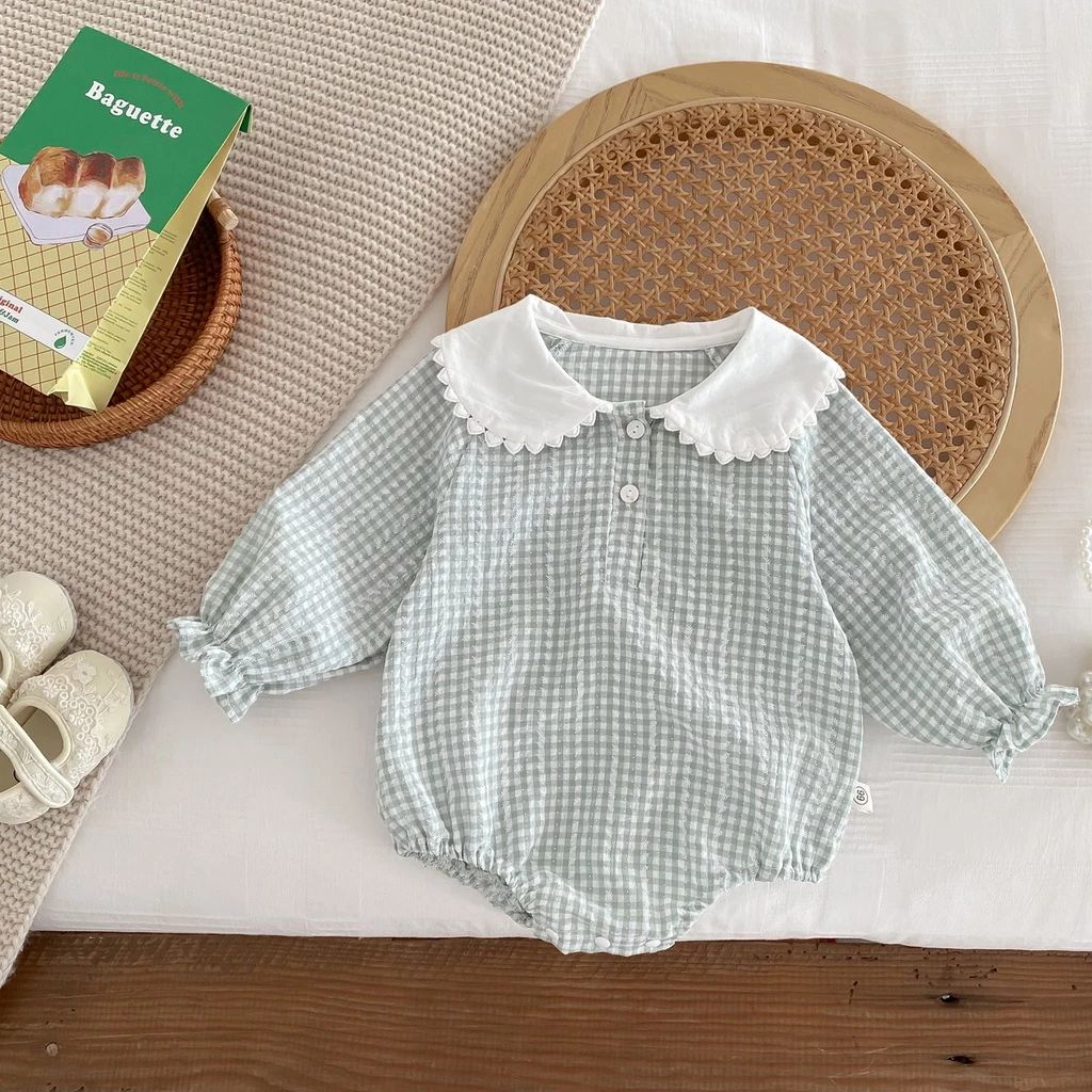 Bộ Áo Liền Quần Tay Dài Cổ Ren Dễ Thương Dành Cho Bé Gái 0-24 Tháng Tuổi