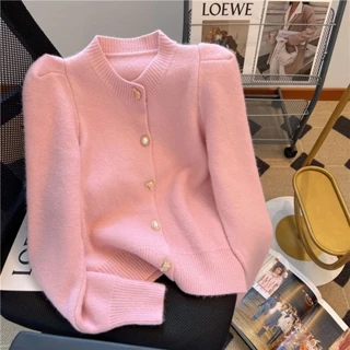 Xiaoxiang Áo Khoác cardigan Dệt Kim Tay Phồng Mềm Mại Màu Hồng Phong Cách Pháp Thời Trang Mùa Thu 2023 Cho Nữ