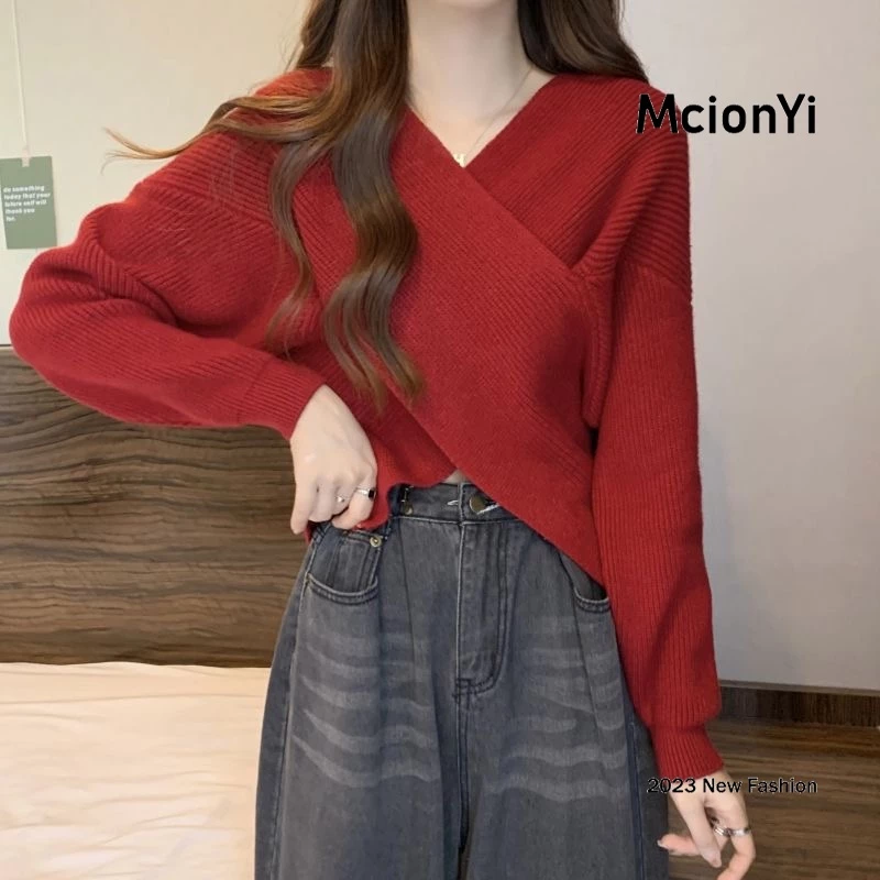 Mcionyi Áo sweater Dệt Kim Tay Dài Cổ v Đan Chéo Thời Trang 2024 Cho Nữ