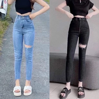 quần jean 1 khuy cạp cao rách lỗ alohashop91