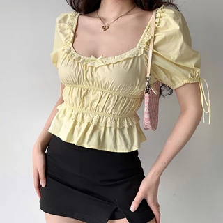 Pháp Quá Khổ Retro Cổ Vuông Tay Phồng Ren Áo Sơ Mi Nữ Trơn Cao Cấp Tay Ngắn Áo Top X76E