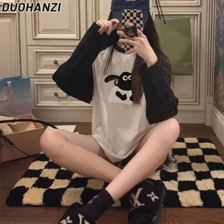 DUOHANZI  Áo Thun cotton Tay Dài Dáng Rộng Họa Tiết shaun the sheep raglan Thời Trang Cho Nữ