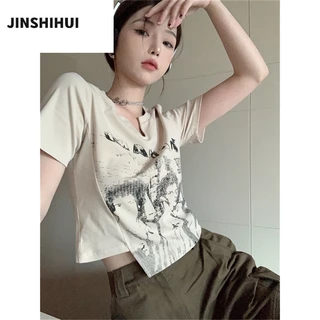 Áo thun nữ croptop JINSHIHUI A29J1HO 36Z230909 thiết kế dáng ôm phong cách thời trang Hàn Quốc 2023 chất lượng cao