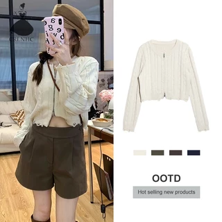 Crlnhc Áo Khoác cardigan Dệt Kim Phối Khóa Kéo Phong Cách vintage Giản Dị Dành Cho Nữ vn