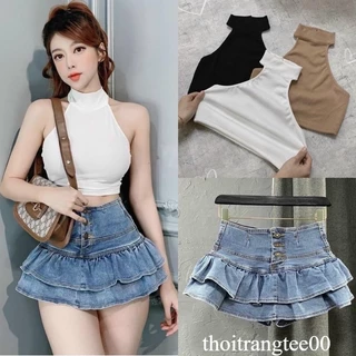 Áo kiểu yếm trễ vai gài cúc cổ croptop body chất vải thun gân co dãn 4 chiều FreeSize, thoitrangteen00