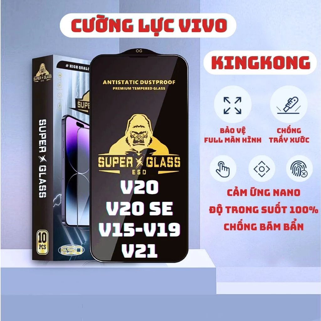 Kính cường lực Vivo V20, V20SE, V19, V21, V15 Kingkong full màn | Miếng dán bảo vệ màn hình cho Vi vo | MEKCASE