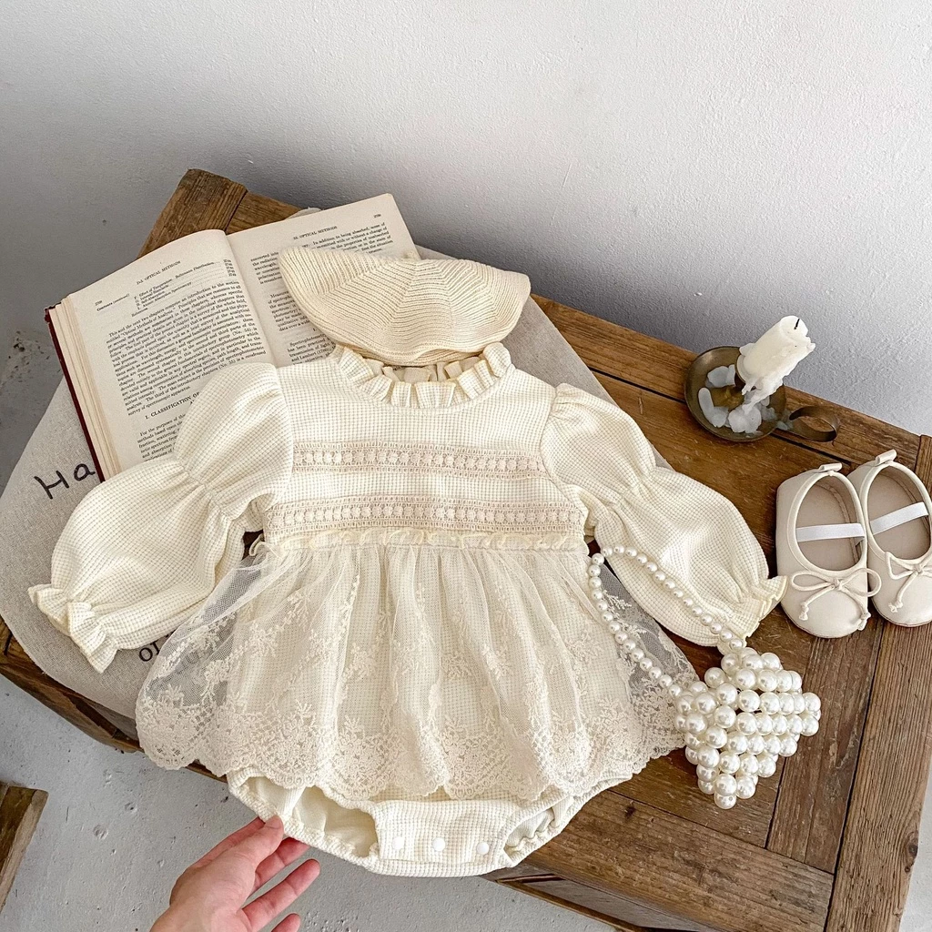 Bộ Áo Liền Quần Tay Dài Phối Ren Hoa Mơ Thời Trang Mùa Thu Xinh Xắn Cho Bé Gái 0-2 Tuổi
