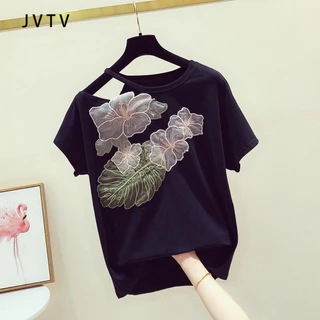 JVTV Áo Thun Mùa Hè xy0236 # spot 2023 Áo Thun Tay Cộc Cổ Tròn Hở Vai In Họa Tiết 3d handmade Hàn Quốc