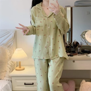 Bộ Đồ Ngủ Tay Dài Vải cotton Màu Xanh matcha Thời Trang Xinh Xắn Cho Nữ