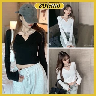 áo croptop nữ,áo thun nữ tay dài cổ V chất len tăm co giãn A114 SUTANO