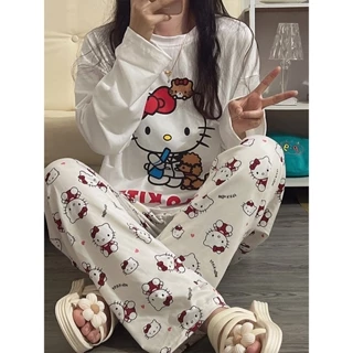 Bộ Đồ Ngủ Tay Dài Cổ Tròn Dáng Rộng In Hình Mèo hello kitty Dễ Thương Thời Trang Xuân Thu Cho Nữ