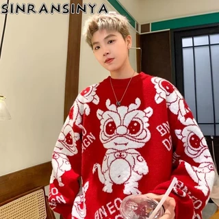 Sinransinya Áo sweater Cổ Tròn Dài Tay Vải Lanh Dáng Rộng Phối Màu retro Đường Phố Mỹ Sang Trọng Dành Cho Nam