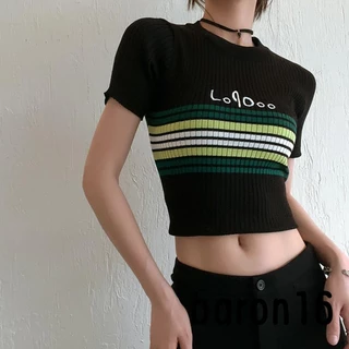 Áo Croptop Dệt Kim Tay Ngắn Cổ Tròn Hoạ Tiết Kẻ Sọc Cho Phái Nữ