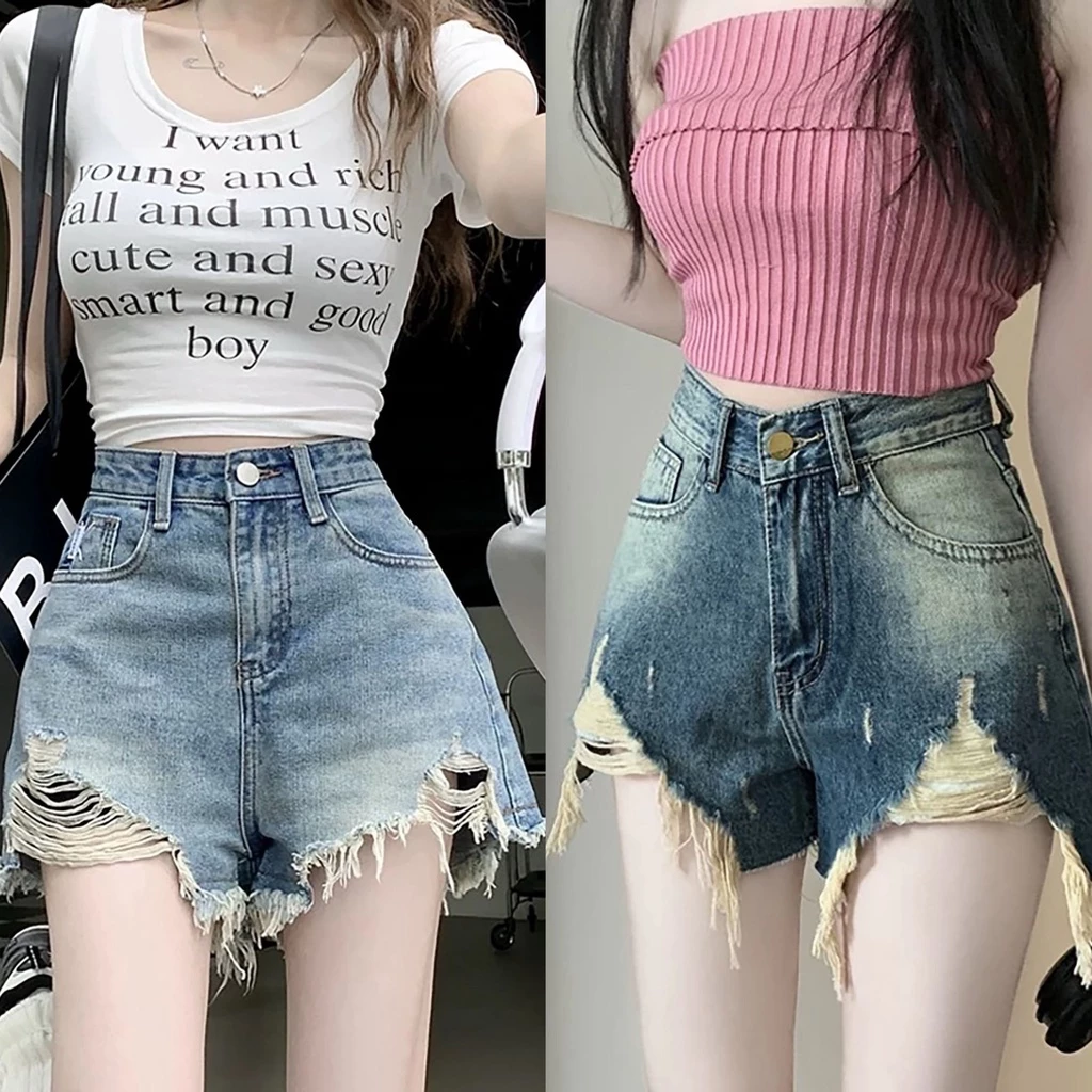 Thời Trang BigSize-Quần Short Jeans Nữ Rách Lai Tua Phom A Rộng 55-90kg 0055 0054 Pants Denim