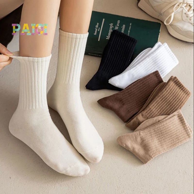 [PAIQI] Vớ Cotton Cổ Trung Màu Trắng Đen Phong Cách Nhật Bản Hàn Quốc Thời Trang Thu Đông Dành Cho Nữ