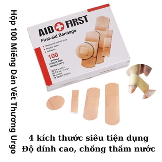 Hộp 100 Miếng Dán Vết Thương Urgo Aid First, 4 Kích Thước Siêu Tiện Dụng, Chống Thấm Nước, Độ Dính Cao