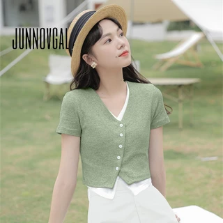 Junnovgal Áo Cardigan Tay Ngắn Cổ Chữ v Màu Trơn Dáng Ôm Thời Trang 2023 Cho Nữ