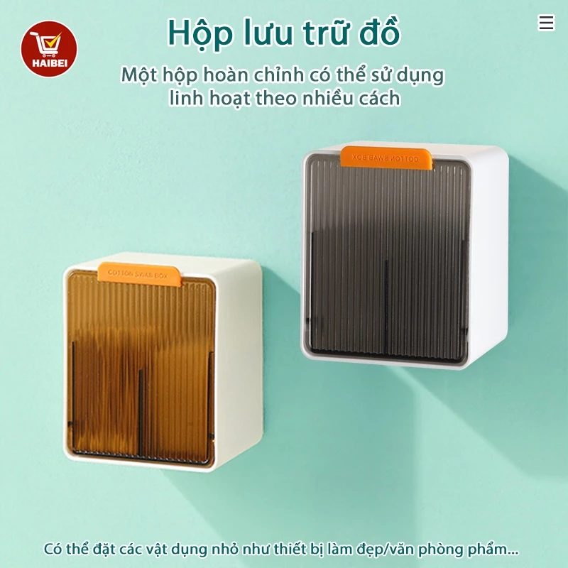 Hộp đựng tăm bông, thiết kế nắp lật, treo tường, không cần khoan, đa chức năng.
