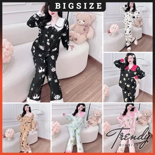 Đồ Bộ Tay Dài Bigsize Nữ, Đồ Mặc Nhà Lụa Cổ Sen Hai Lá Pijama Họa Tiết Dễ Thương TRENDY 50-100kg TD102