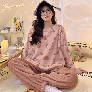 Yuyureal Bộ đồ ngủ Tay dài mùa đông vải lông cừu san hô pijama hoạt hình Dễ thương gấu đồ mặc nhà nữ