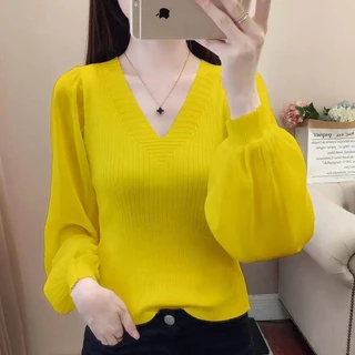 Áo sweater Mỏng Cổ v Tay Phồng Thời Trang Mùa Thu 2023 Mới