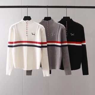 Jcup Thom Browne 2023 Autumn and Winter New Contrast Color Striped Mock-Neck Color Single-Breasted Long Sleeve Pullover Sweater Bottoming Sweater for Women