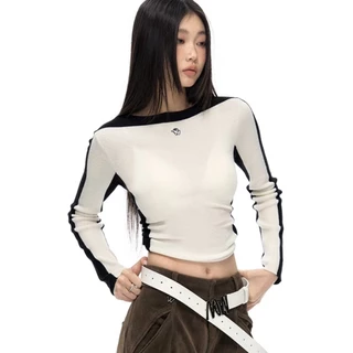 Áo Sweater Dệt Kim Mỏng Vừa Vặn Hở Vai Xẻ Tà Màu Sắc Tương Phản