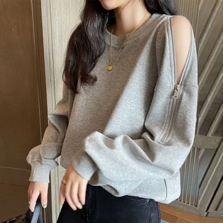 Áo sweater Dáng Rộng Hở Vai Màu Trơn Phối Khóa Kéo Thời Trang Hàn Quốc Mới Cho Nữ