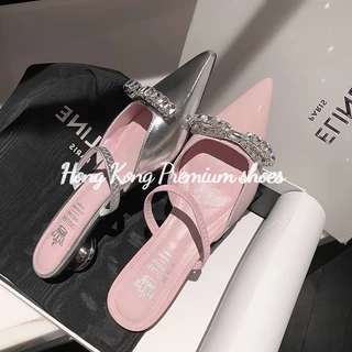 Hong Kong Premium shoes❥(^_-)  Xăng đan Da Bóng Mũi Nhọn Hở Ngón Màu Hồng Bạc Thời Trang Mùa Hè Cho Nữ