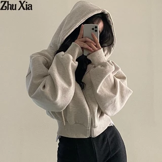 Zhu Xia Áo Hoodie Lửng Dài Tay Phong Cách Âu Mỹ Cá Tính Dành Cho Nữ