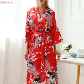 Áo Choàng Tắm kimono satin In Hình Chim Công dalton Ngủ Cho Phù Dâu Đám Cưới