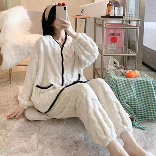 Bộ Đồ Ngủ Chất Nỉ Dày Dặn plus size Thời Trang Thu Đông Xinh Xắn Cho Nữ