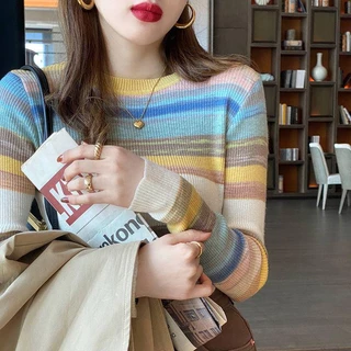Áo sweater Mỏng Cổ Tròn Tay Dài Kẻ Sọc Ngang Màu Cầu Vồng Thời Trang Mùa Đông Mới Cho Nữ