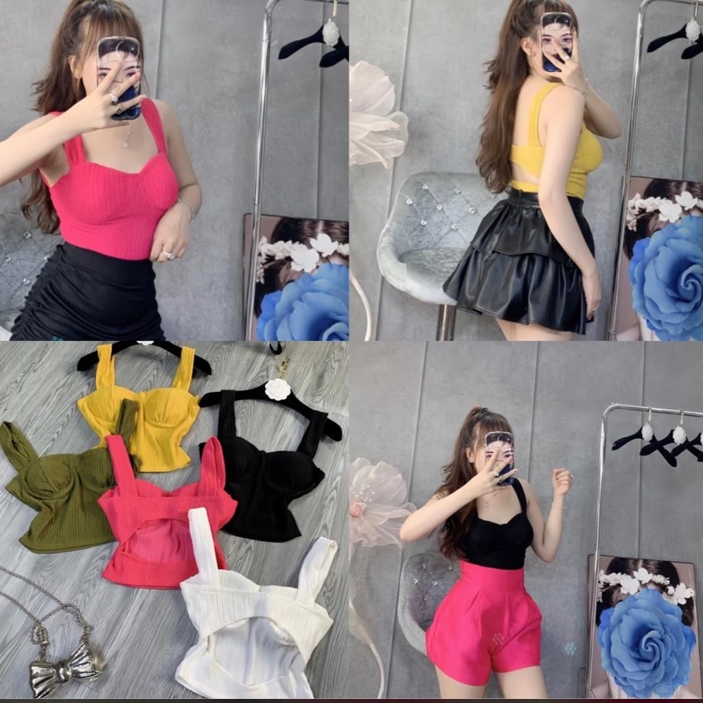 Áo 2 dây xốp  bản to cổ vuông có mút croptop cực sexy , chất xốp mềm mịn