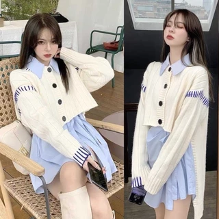 Set Áo Sơ Mi Tay Dài Màu Xanh + Áo Khoác cardigan Dáng Rộng Thời Trang Cho Nữ