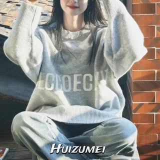 Huizumei Áo sweater Cổ Tròn Dáng Rộng Mềm Mại Ấm Áp Thời Trang Cho Nữ