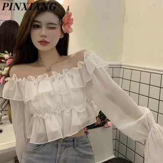 Áo Croptop Trễ Vai Dài Tay Thiết Kế Mới Quyến Rũ Thời Trang Dành Cho Nữ