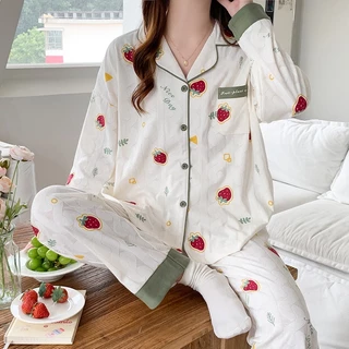 Bộ Đồ Ngủ Tay Dài Chất Cotton In Họa Tiết Hoạt Hình Phong Cách Hàn Quốc Thời Trang Thu Đông Xinh Xắn Cho Nữ