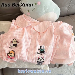 Ruo Beixuan Bộ Đồ Ngủ Tay Dài Kẻ Sọc Caro Màu Hồng Ngọt Ngào Thời Trang Xuân Thu Mới Dành Cho Nữ Sinh Mặc Ở Nhà Và Ngoài Trời