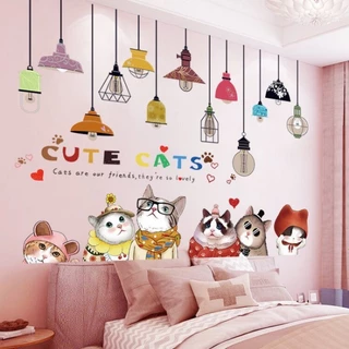 Decal dán tường những chú mèo và đèn trang trí phòng ngủ