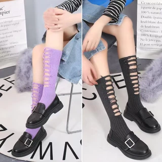 Tất Vớ Cotton Cổ Cao Phối Rách Cá Tính Phong Cách Punk Đường Phố QiQiShop