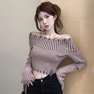 Áo croptop Dệt Kim Tay Dài Hở Vai Màu Trơn Thời Trang Xuân Thu Quyến Rũ Cho Nữ