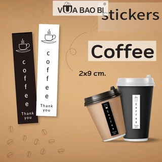 Sticker 100 tem dán cốc cà phê trà kèm icon Coffee TE26 tem niêm phong đồ uống take away đen trắng