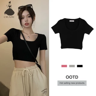 Áo Croptop Dệt Kim Tay Ngắn Cổ Vuông Màu Trơn Thời Trang Mùa Hè Quyến Rũ Cho Nữ