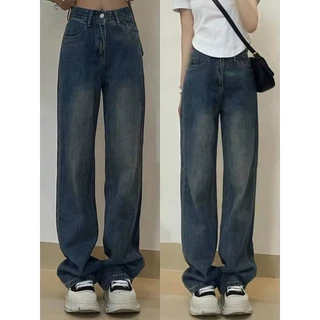 Quần jeans lưng cao ống rộng màu RETRO mài phong cách Ulzzang _Q059