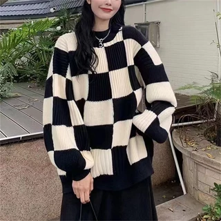 Áo Sweater Dệt Kim Tay Dài Cổ Tròn Dáng Rộng In Họa Tiết Caro Kiểu Hàn Quốc Thời Trang Thu Đông