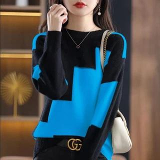 Mới Áo sweater Dệt Kim Cổ Tròn Phối Màu Tương Phản Thời Trang Cho Nữ